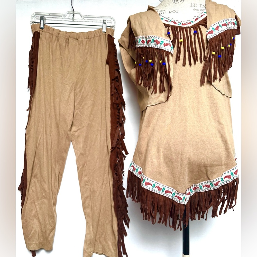 AMERICAN INDIAN HALLOWEEN HANDMADE COSTUME ADULT VTG 70's 80's WESTERN FRINGE LG